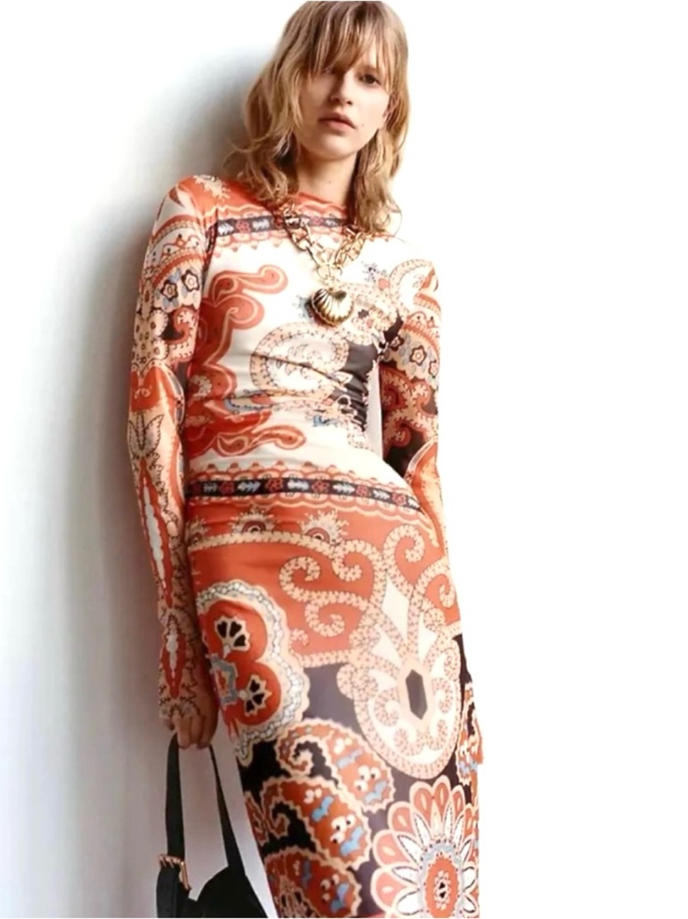 FARM Rio x Anthropologie Paisley Long Sleeve Mesh Slim Midi Dress Size XXS NWT